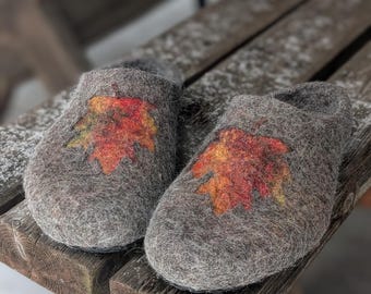 Handmade Felted Wool Slippers for Women – Cozy House Shoes with Autumn Maple Leaf Design