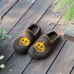 Felted Halloween men slippers in brown and orange - funny boiled wool slippers