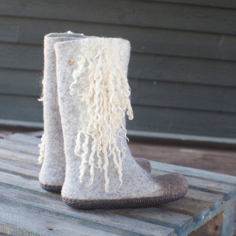 Felted Boots Valenki from organic wool felted with natural sheep locks, grey and white colors image 5