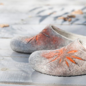 Felted slippers for women - sunburst pattern in gray, brown and orange