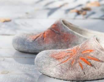 Felted slippers for women - sunburst pattern in gray, brown and orange