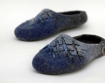Charcoal & Blue Felted Wool Slippers for Men: Handmade Cozy Comfort