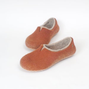 Felted slippers for women boiled wool home shoes with latex soles Burned orange color image 3