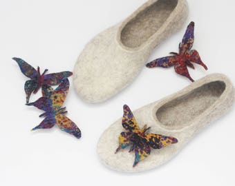 Felted slippers for women with felted butterflies