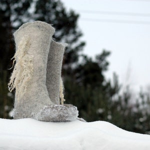 Felted Boots Valenki from organic wool felted with natural sheep locks, grey and white colors image 1