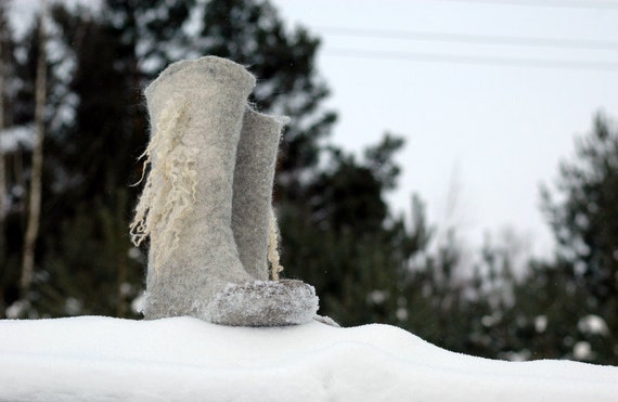 Felted Boots Valenki from organic wool felted with natural sheep locks, grey and white colors