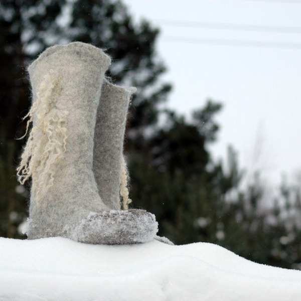 Felted Boots Valenki from organic wool felted with natural sheep locks, grey and white colors