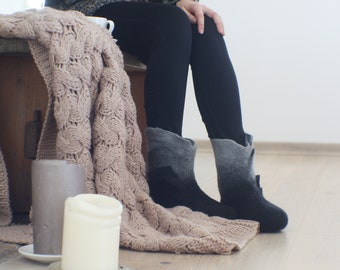Felted Booties - Black Grey Ombré boots for women - warm and comfortable shoes for winter