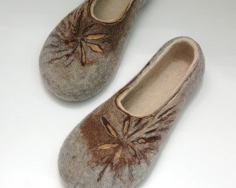 Felted slippers for women slippers in natural shades of grey, brown and tan
