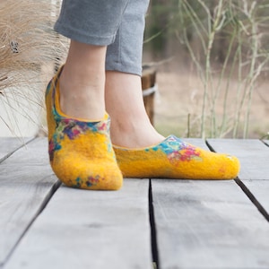 Felted yellow spring slippers made from bright sheep wool decorated with unique felting technique image 6