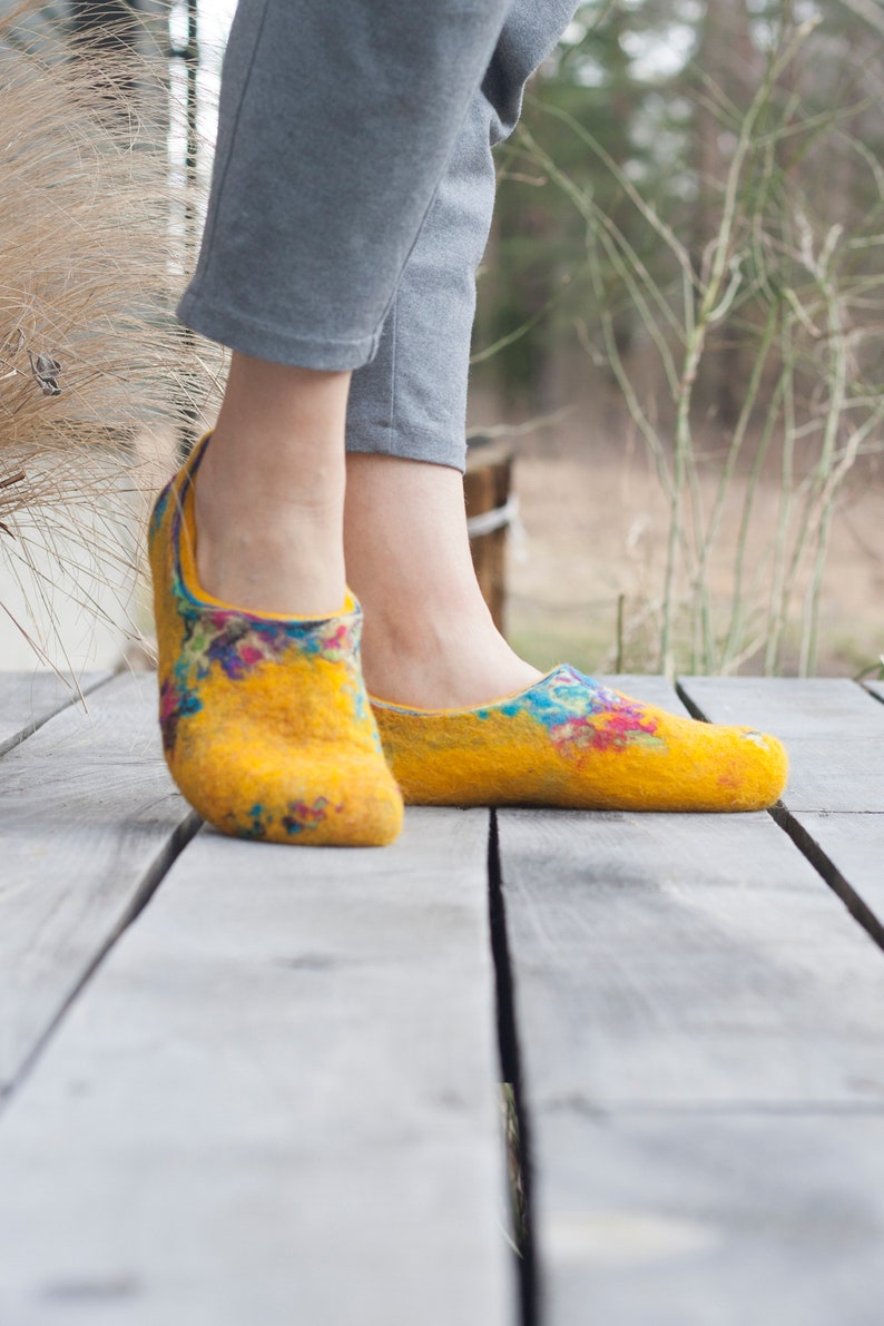 Felted yellow spring slippers made from bright sheep wool decorated with unique felting technique image 6