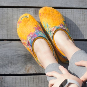 Felted yellow spring slippers made from bright sheep wool decorated with unique felting technique image 9