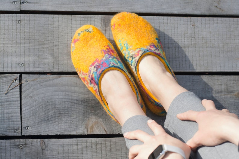 Felted yellow spring slippers made from bright sheep wool decorated with unique felting technique image 9