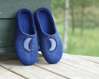 Felted Moon phase Slippers for Women, Blue Wool Slippers, Handmade Cozy House Shoes