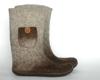 Handmade felted boots for women in brown and beige colors - Snow boots from thick boiled wool