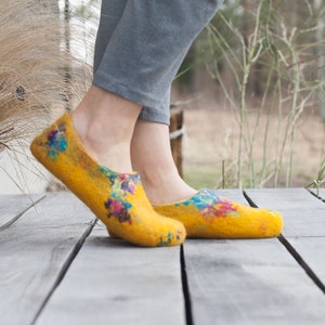 Felted yellow spring slippers made from bright sheep wool decorated with unique felting technique image 1