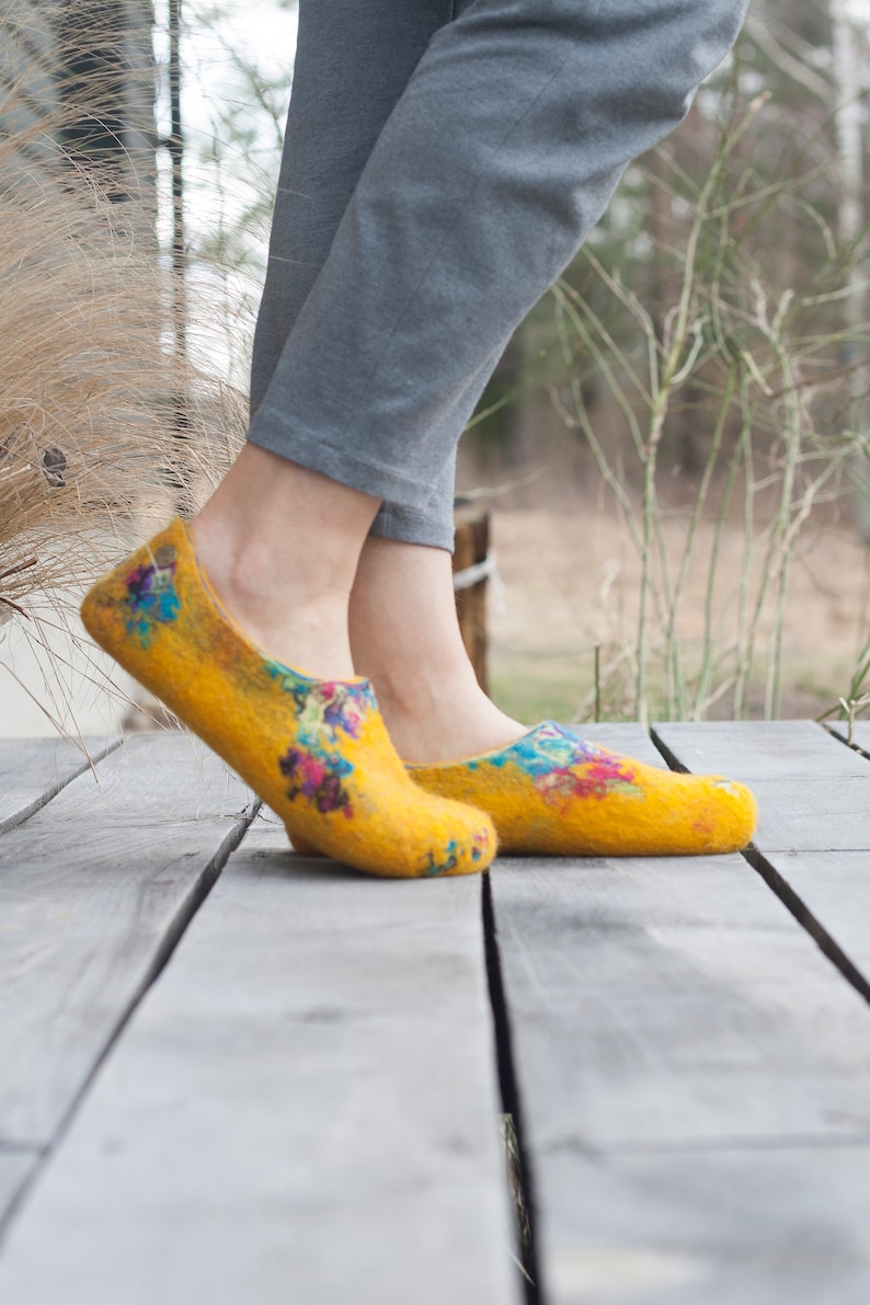 Felted yellow spring slippers made from bright sheep wool decorated with unique felting technique image 1