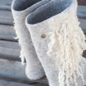 Felted Boots Valenki from organic wool felted with natural sheep locks, grey and white colors image 6