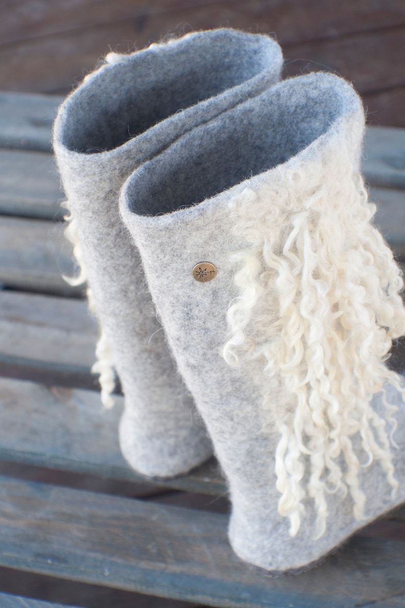 Felted Boots Valenki from organic wool felted with natural sheep locks, grey and white colors image 6