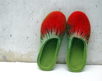 Felted Slippers for women - Summer color home shoes - strawberry slippers