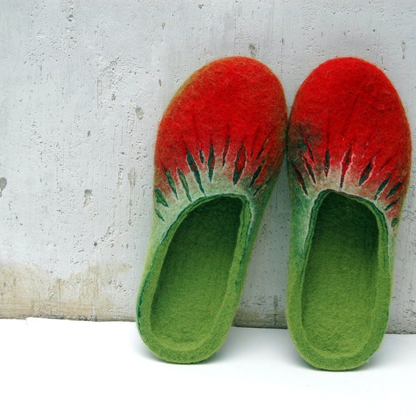 Felted Slippers for women - Summer color home shoes - strawberry slippers
