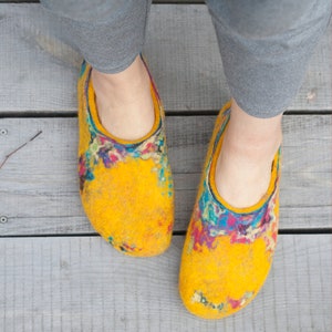 Felted yellow spring slippers made from bright sheep wool decorated with unique felting technique image 2