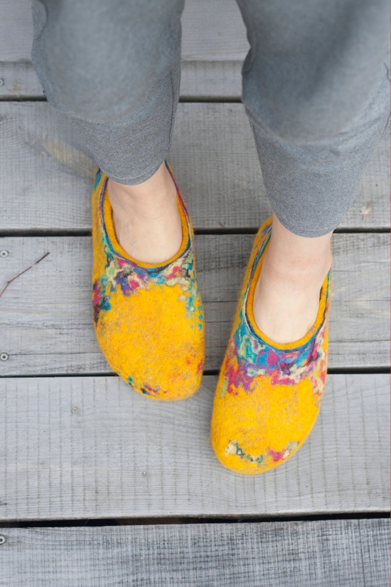 Felted yellow spring slippers made from bright sheep wool decorated with unique felting technique image 2