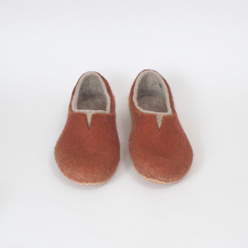 Felted slippers for women boiled wool home shoes with latex soles Burned orange color image 2