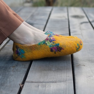 Felted yellow spring slippers made from bright sheep wool decorated with unique felting technique image 8