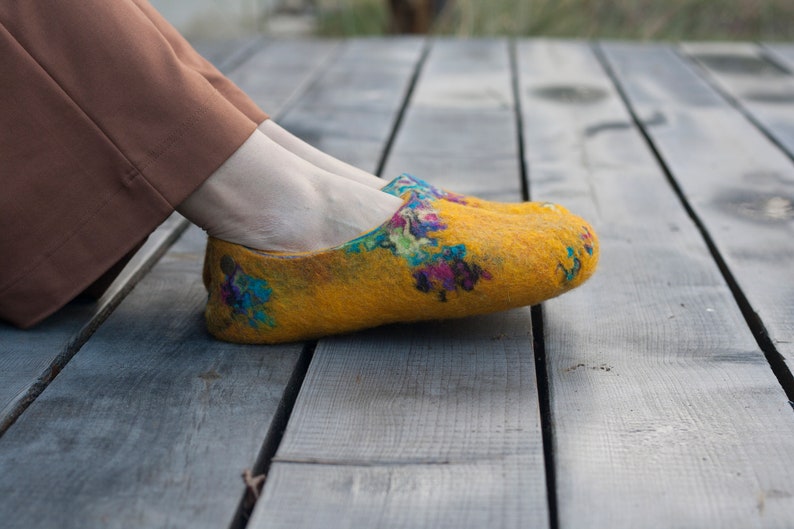 Felted yellow spring slippers made from bright sheep wool decorated with unique felting technique image 8