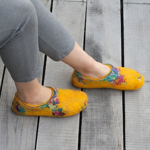 Felted yellow spring slippers made from bright sheep wool decorated with unique felting technique image 5