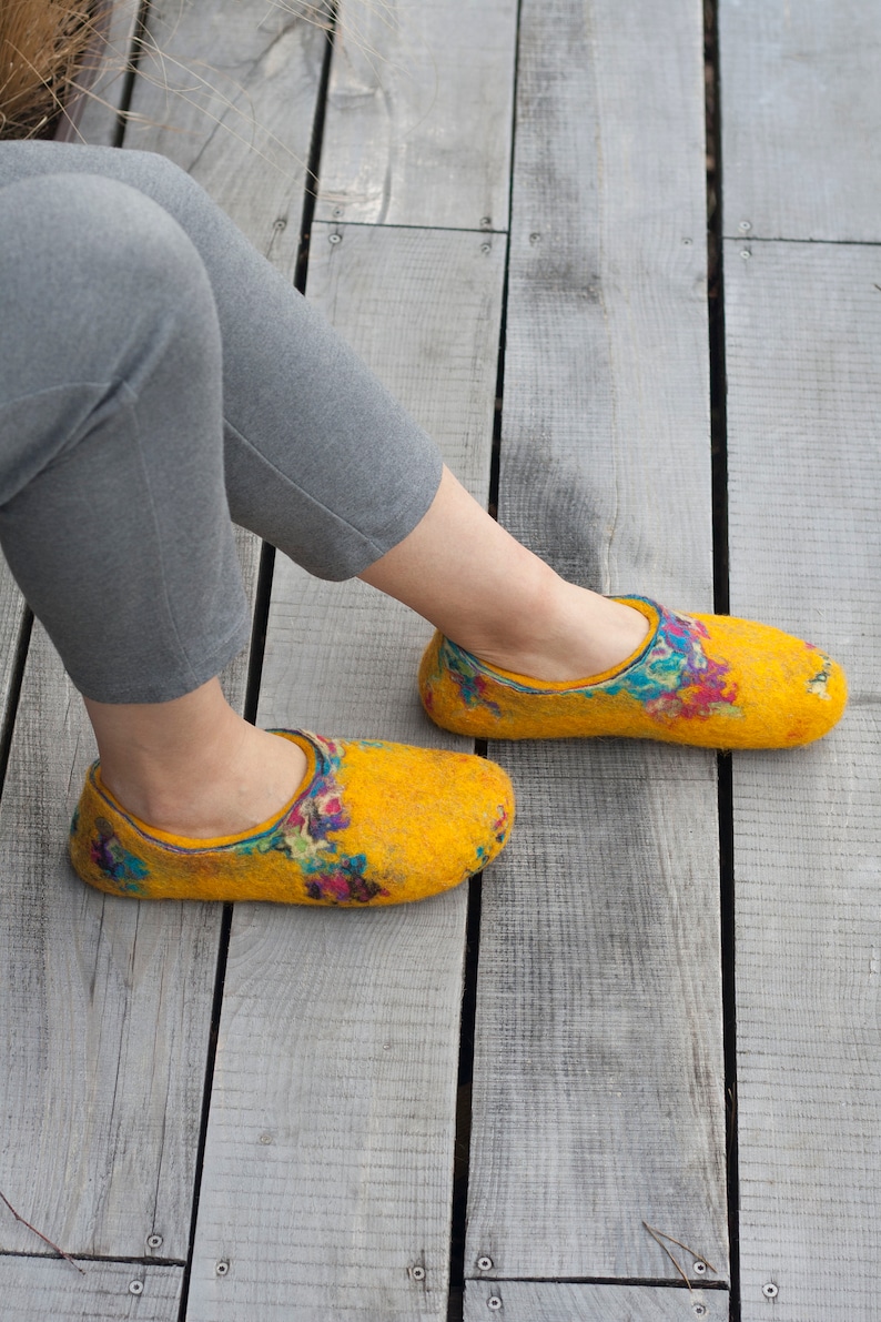 Felted yellow spring slippers made from bright sheep wool decorated with unique felting technique image 5