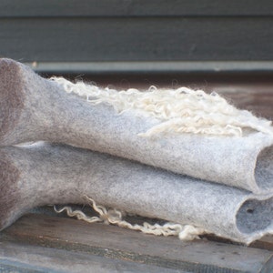 Felted Boots Valenki from organic wool felted with natural sheep locks, grey and white colors image 3