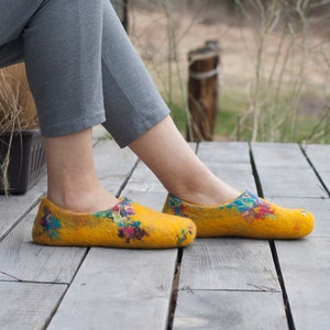 Felted yellow spring slippers made from bright sheep wool decorated with unique felting technique image 4