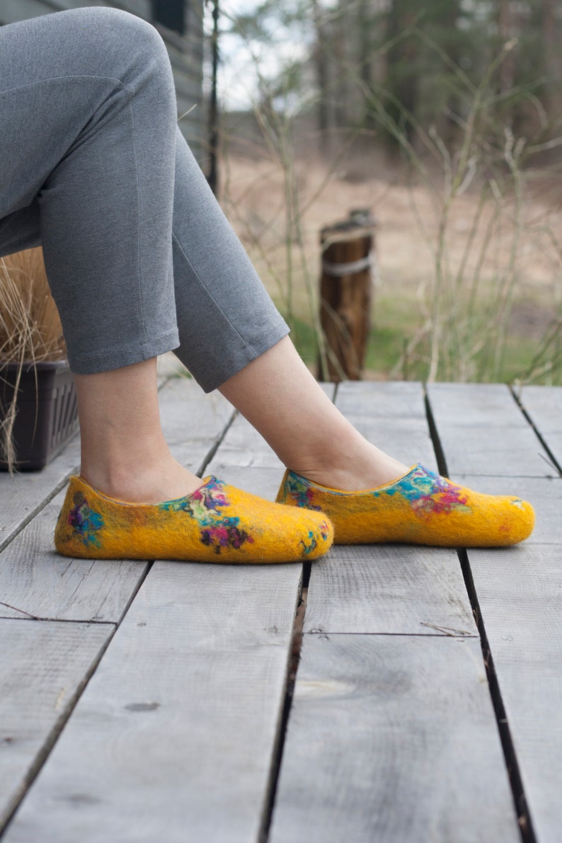 Felted yellow spring slippers made from bright sheep wool decorated with unique felting technique image 4