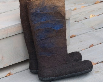 Felted boots for women - knee high - in brown and blue shades