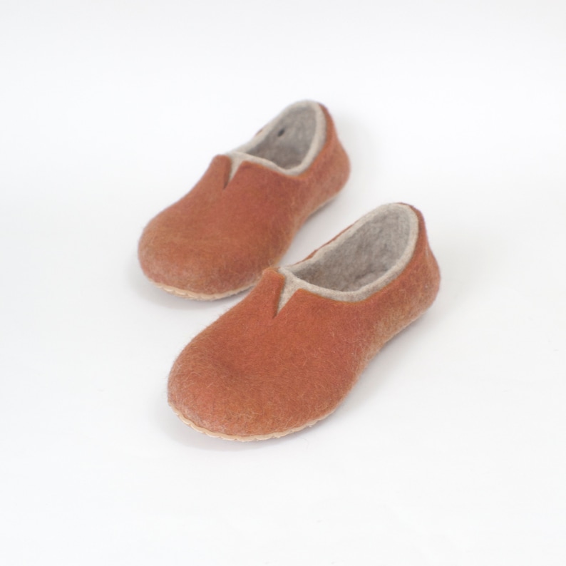 Felted slippers for women boiled wool home shoes with latex soles Burned orange color image 4
