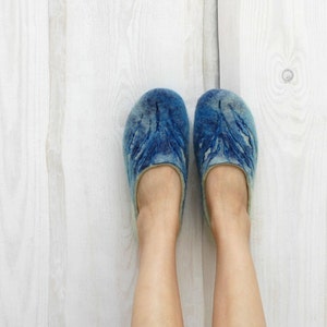 Hand Felted Slippers for women Navy Blue Mint Pure wool barefoot shoes image 1