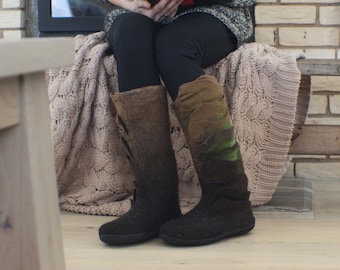 Felted boots for women - knee high - in brown and green shades