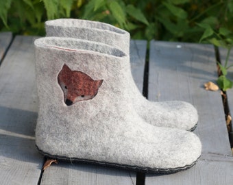 Felted booties for women with a charming fox design on the side