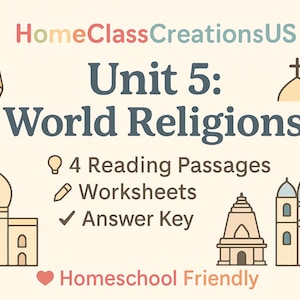 May include: An educational graphic with the text "Unit 5: World Religions" and illustrations of religious buildings. Includes "4 Reading Passages", "Worksheets", and "Answer Key". The image has a pencil and the words "Homeschool Friendly".