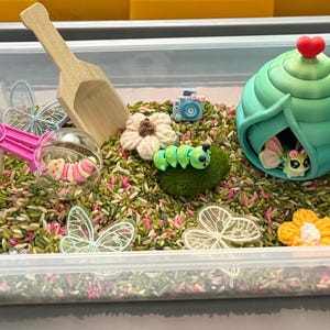 May include: A clear plastic sensory bin filled with green and pink dyed rice, featuring a pink plastic scoop tool, a teal beehive-shaped structure, a small green caterpillar, two white and orange fabric flowers, and three translucent butterfly ornaments.