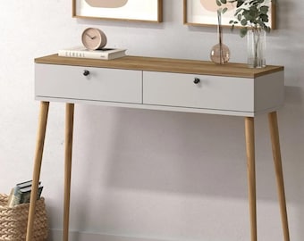 Mesa consola de roble blanco con patas de haya