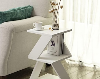 Mesa auxiliar moderna blanca en forma de Z