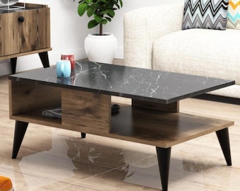 Mesa de centro con aspecto de mármol de nogal y estante de almacenamiento