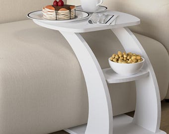 Mesa auxiliar con ruedas en forma de C, color blanco mate