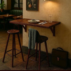 Puede incluir: Una mesa de madera oscura montada en la pared con un plato de comida, un vaso de agua y cubiertos. Dos taburetes de madera y una silla con una manta verde están frente a la mesa. Un maletín de cuero oscuro descansa en el suelo.