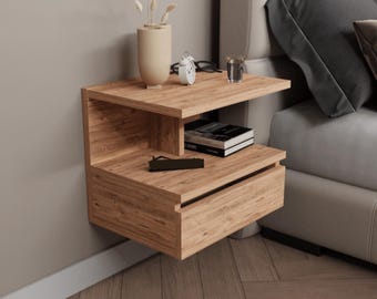 Mesita de noche flotante de pared de roble Safir con estante