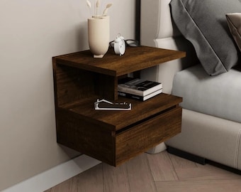 Mesita de noche de pared con cajón en nogal oscuro