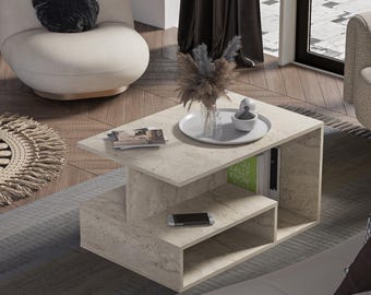 Mesa de centro de travertino con estante: mesa de centro rectangular moderna